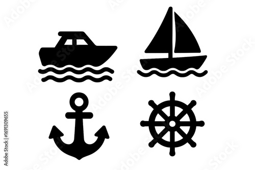 Nautical solid icon set with boat, sailboat, anchor, and ship's wheel. Marine and sailing symbols in a bold glyph style. Vector icons for navigation, travel, and sea.