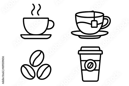 Coffee and tea line icon set. Vector symbols for cafe menu, website, app. Includes espresso cup, teacup, coffee beans, and takeaway paper cup. Hot beverage outline pictograms.