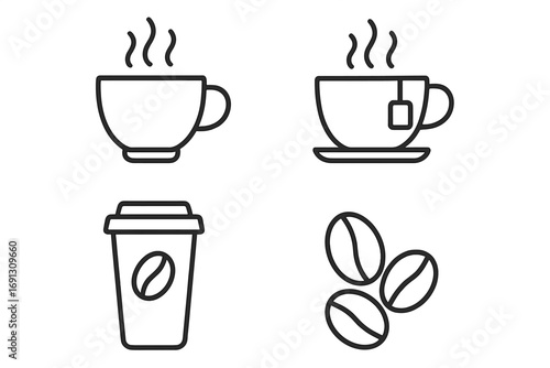 Coffee and tea line icon set. Vector collection of hot drink symbols like steaming mugs, cups, and coffee beans. For cafe menu, website, or app design. Outline illustration.