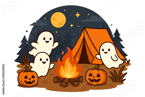 Cute ghosts camping on Halloween night. Spooky cartoon characters around a campfire with jack-o'-lanterns in a forest. Whimsical autumn holiday vector illustration for kids.