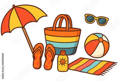 Summer beach vacation accessories set. Cartoon vector icon collection for holiday travel. Includes sun umbrella, bag, ball, sunglasses, flip flops, sunscreen, and towel.