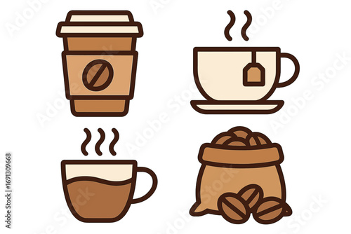 Coffee tea hot drink vector icon set. Line art cartoon illustration. Takeaway paper cup, steaming mug, teacup with teabag, coffee bean sack. Cafe beverage symbol.