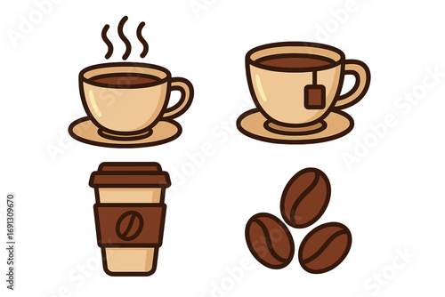 Coffee and tea vector icon set. Steaming coffee cup, teacup with bag, takeaway paper cup and roasted coffee beans. For cafe menu, website, app, infographic, logo design.