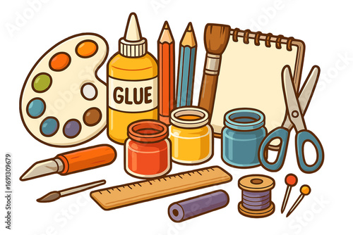 Art supplies and crafting tools for creative hobbies and DIY projects. Back to school concept with paint, palette, brush, glue, scissors, and pencils for drawing.