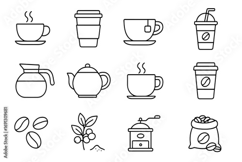 Coffee and tea outline icon set. Vector linear symbols of hot drink, cup, mug, teapot, coffee beans, grinder. Minimalist illustrations for cafe menu, barista, beverage shop.