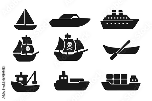 Ship and boat black silhouette icon set. Vector marine transport collection. Nautical symbols of pirate ship, cruise liner, sailboat, container ship, fishing boat, yacht.