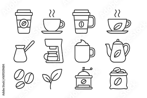 Coffee and tea line icon set. Vector symbols for cafe menu, barista, coffee shop. Includes coffee maker, cup, grinder, beans, teapot. Outline pictogram collection for ui.