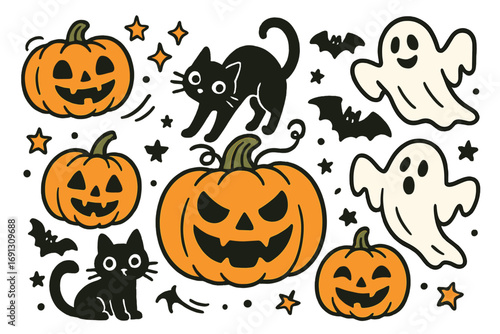 Halloween cartoon character set with cute ghosts, spooky black cats, and jack o'lantern pumpkins. Hand-drawn doodle vector illustration collection for autumn holiday design.