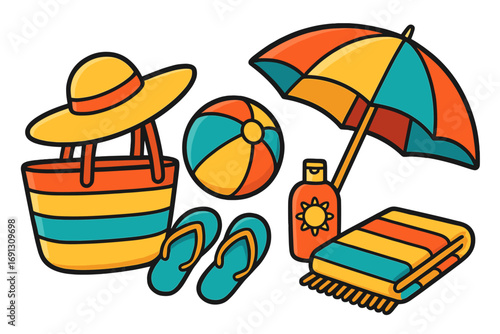 Vector cartoon set of summer beach essentials for vacation and travel. Colorful collection of seaside accessories like bag, hat, ball, umbrella, towel and flip flops.