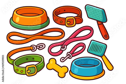 Set of pet supplies for dogs and cats. Vector cartoon collection with collar, leash, bowl, brush and bone. Pet shop accessories for feeding, grooming and walking. Pet care concept.
