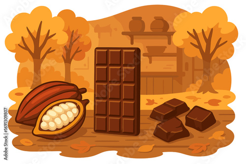 Chocolate making process from cacao pod to bar. Autumn workshop with cocoa beans and pieces. Concept for candy, sweet food, dessert production. Vector cartoon illustration.