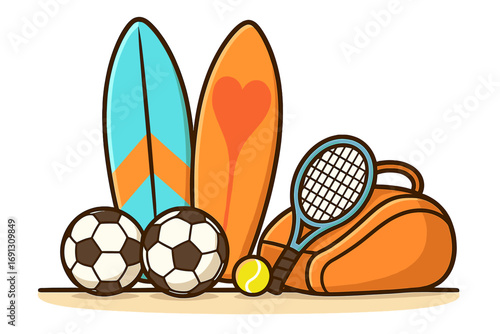 Sports equipment set for summer beach recreation. Vector cartoon illustration of surfboard, soccer ball, tennis racket, and bag. Active lifestyle and hobby concept.