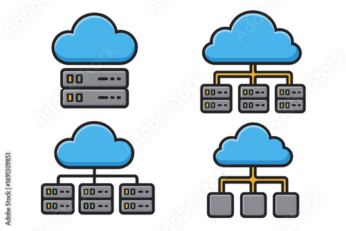 Set of cloud storage server icons. Vector illustration of network structure, data management, and web hosting. Technology concept for database, system architecture, and cloud computing.