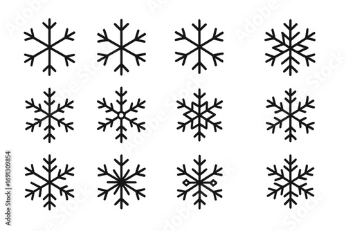 Snowflake icon set vector line art. Winter snow flakes graphic elements. Christmas and New Year holiday decoration. Cold weather, frozen crystal shapes. Editable stroke icons.