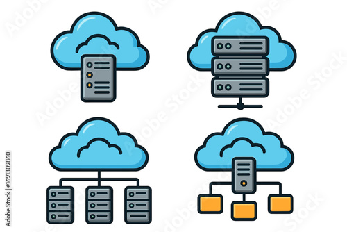 Cloud computing and storage icon set. Server network, data hosting, and database management concept. Web technology infrastructure. System connection vector illustration.