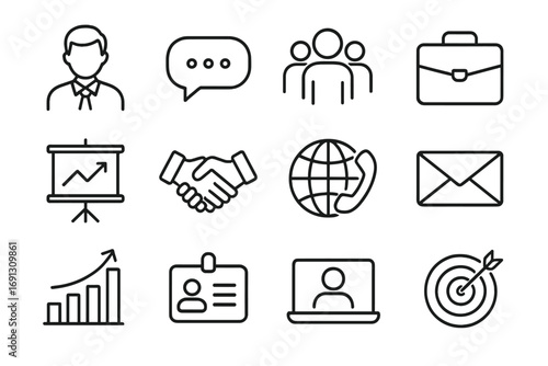 Business communication line icon set. Essential office, corporate management and strategy symbols. Vector linear icons for teamwork, presentation, growth and global contact.