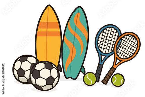 Sports equipment collection with surfboards, soccer balls, tennis rackets and balls. Vector cartoon illustration of summer sport gear for beach, game, hobby and leisure.