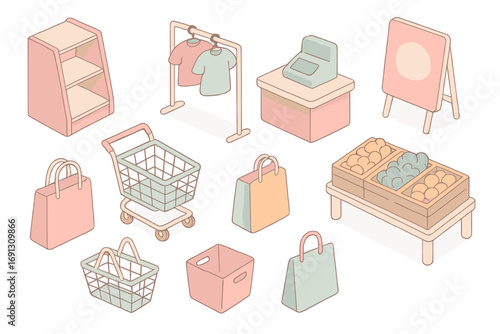 Isometric shopping and retail elements set. Vector illustration of cute cartoon store icons like cart, basket, bag, shelf, and clothes rack in soft pastel colors.