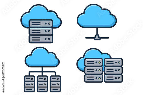 Cloud computing icon set. Collection of cloud storage, server configurations, and network structure icons for data management. Vector illustration for web hosting and database.