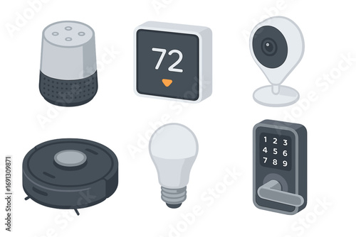 Isometric smart home device icon set. Vector illustration of home automation technology: smart speaker, thermostat, security camera, robot vacuum, light bulb, electronic lock.