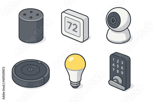 Isometric smart home devices vector icon set. Internet of Things concept with speaker, thermostat, security camera, robot vacuum, smart light bulb, and digital door lock.