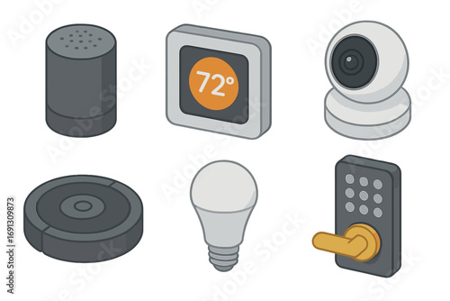 Isometric smart home device icon set. Home automation and Internet of Things (IoT) concept. Vector illustration with speaker, thermostat, camera, robot vacuum, light, and lock.