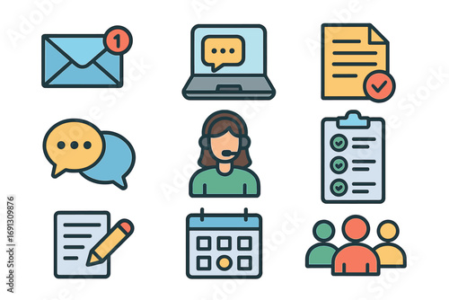 Business and productivity icon set. Work from home essentials. Digital communication, teamwork, and project management symbols. Online support, calendar planning, checklist.