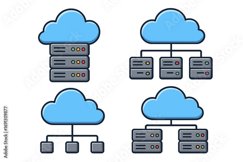 Cloud server and data storage vector icon collection. Network architecture, database hosting, and datacenter system configurations for information technology and web services.