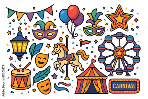 Carnival vector icons set for festive celebration. Amusement park and circus fair elements. Cartoon collection with ferris wheel, carousel horse, tent, and Mardi Gras mask.