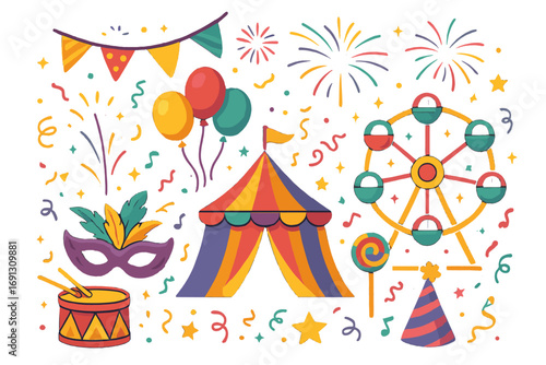 Carnival party elements set. Circus funfair collection. Festival entertainment vector icons. Amusement park with tent, ferris wheel, mask, fireworks, and balloons. Flat cartoon illustration.
