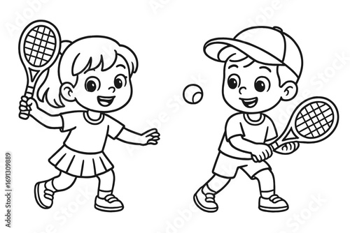 Cute kids playing tennis cartoon vector illustration. Boy and girl with rackets and ball. Children's sports activity, coloring book page. Line art graphic for kid-friendly fun.