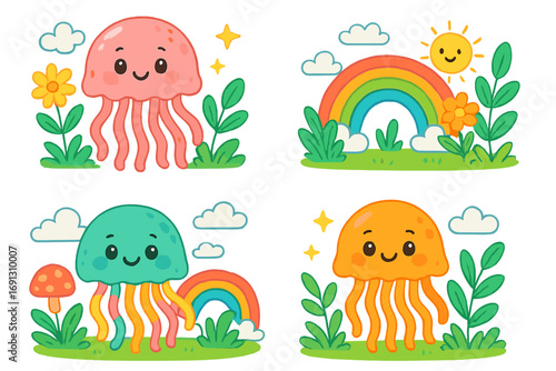 Cute jellyfish character set. Kawaii cartoon vector collection. Colorful playful sea animals on land with rainbows, sun and flowers. Cheerful childish nature illustration.