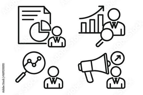 Business management outline icon set for data analytics and marketing. Vector icons for concepts like market research, business growth, reporting, data analysis and promotion.