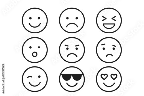 Vector emoji and emoticon line icon set. Minimalist cartoon faces with various expressions. Happy, sad, angry, surprised, cool, love and winking face symbols collection.