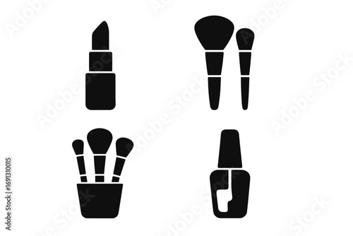 Cosmetic icons set with lipstick, makeup brushes, nail polish in black silhouette style. Vector cartoon illustration. Beauty, fashion, glamour symbols for makeup artists.