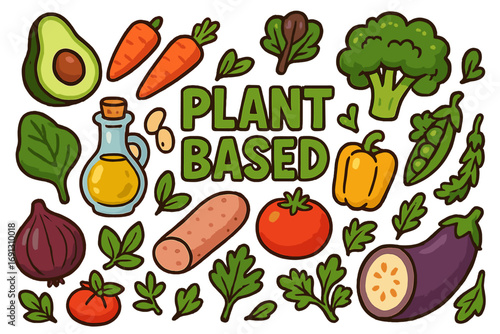 Plant based food set with cartoon vegetables. Healthy vegan diet concept. Vector illustration collection of organic ingredients for nutrition, vegetarian and clean eating.