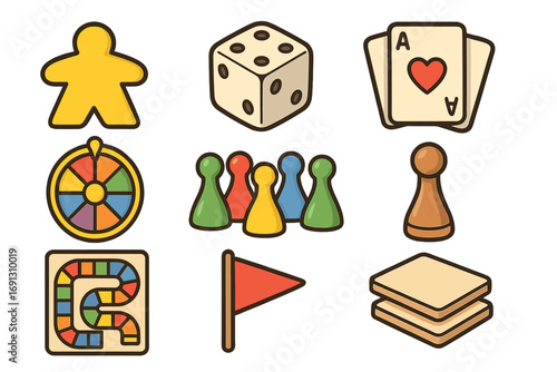 Board game icons set for print and digital. Vector cartoon collection with meeple, dice, cards, pawns, spinner, and game pieces. Flat design elements for tabletop gaming.