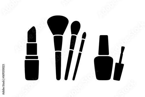 Cosmetic icons vector set of lipstick, makeup brushes, nail polish in black silhouette. Beauty products for makeup artist, beauty salon, manicure. Glamour flat simple illustration.