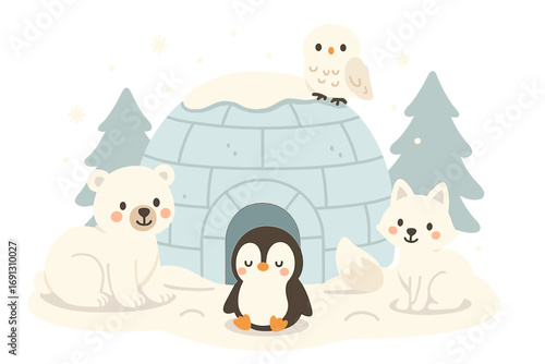 Cute arctic animals vector illustration. Winter wonderland scene with cartoon polar bear, penguin, arctic fox, snowy owl, and igloo. Adorable children's Christmas characters set.