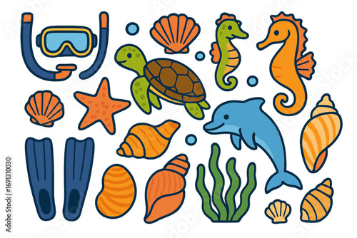 Vector set of cute underwater sea life and snorkeling gear. Cartoon marine animal collection with turtle, dolphin, seahorse. Ocean icons with shells, flippers, diving mask.