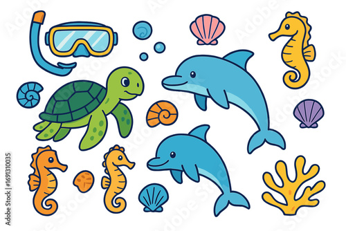Cute sea animal cartoon vector set. Colorful marine life collection with turtle, dolphin, seahorse, shell, coral. Underwater ocean characters and snorkeling gear illustration.