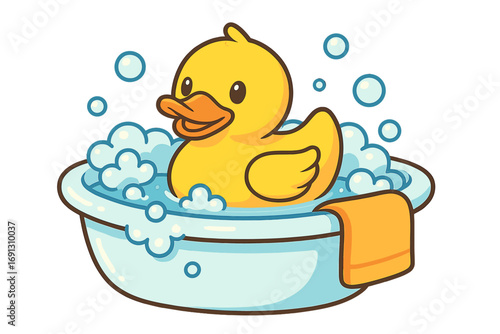 Cute yellow rubber duck in bathtub with soap bubbles. Vector cartoon illustration of a happy bath toy for kids. Concept for childhood, hygiene, fun, and cleanliness.