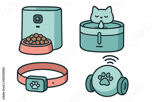 Set of modern pet gadgets. Smart devices for pets concept. Automatic food dispenser, water fountain, GPS tracker collar, and interactive toy camera. Pet tech cartoon icons.