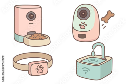 Vector illustration set of modern pet gadgets. Smart devices for animal care: automatic feeder, camera treat dispenser, GPS tracker collar, and water fountain. Pet tech concept.