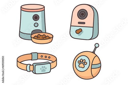 Modern pet gadgets vector set. Smart pet tech accessories collection. Automatic food feeder, interactive camera, GPS tracker collar, smart ball toy. Petcare cartoon icons.