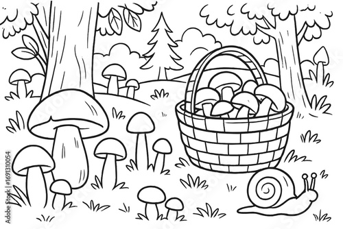 Mushroom foraging scene in a forest. Coloring page for kids and adults. Vector cartoon illustration with a wicker basket full of mushrooms and a cute snail. Line art.