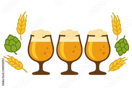 Craft beer tasting flight with glasses of ale or lager. Vector illustration in flat design with brewery ingredients like hops and wheat or barley. Set for pub or bar menu.