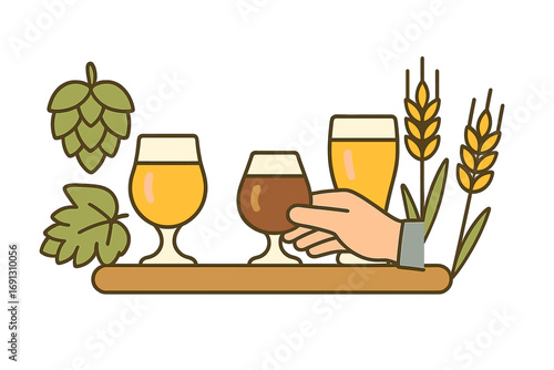 Craft beer tasting flight with different beer styles. Hand choosing a glass from the set. Vector illustration with hops and wheat for brewery, pub or bar menu design concept.