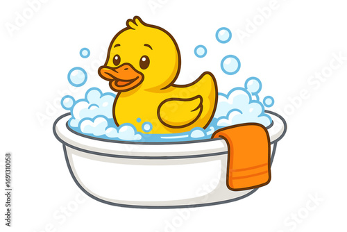 Bright yellow rubber duck in a bathtub with bubbles. Vector cartoon for children. Concept of baby shower, hygiene, washing, clean fun and childhood play toy.