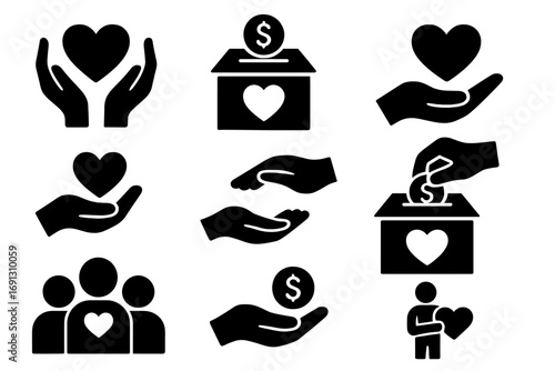 Charity and donation black glyph icon set. Giving money, volunteering, support and aid concept. Helping hand, love heart, donation box and community symbols. Vector.